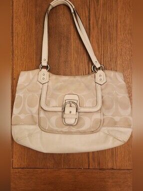 Coach Circa 2014 White Signature Canvas Shoulder Bag w Leather Handle Great Bag!
